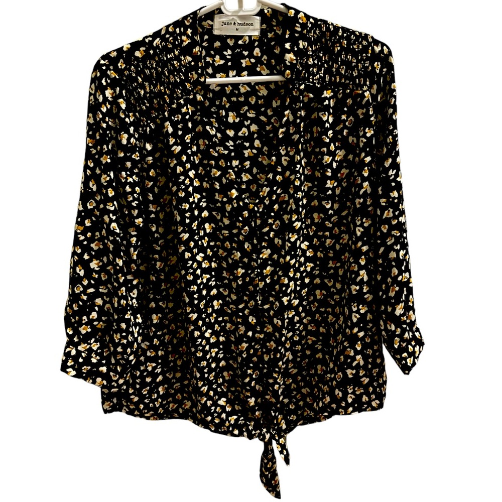 Girls Junior Medium Black with Print Front Bottom Tie Blouse